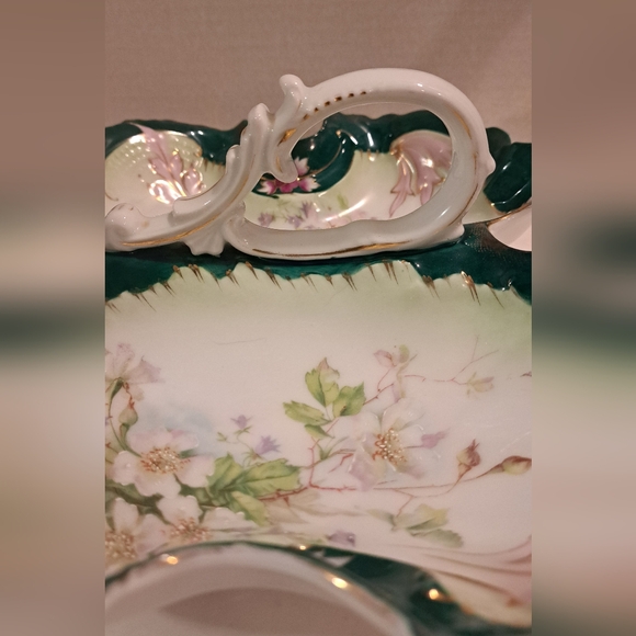 Antique C.T. German divided bowl with handle, green, and gold. - Picture 12 of 15